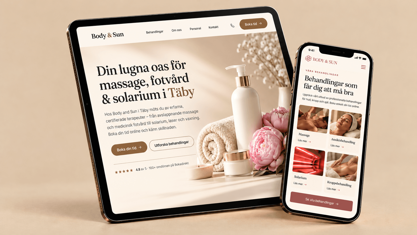 Body & Suns webbplats på surfplatta och mobil: startsidan och behandlingarna