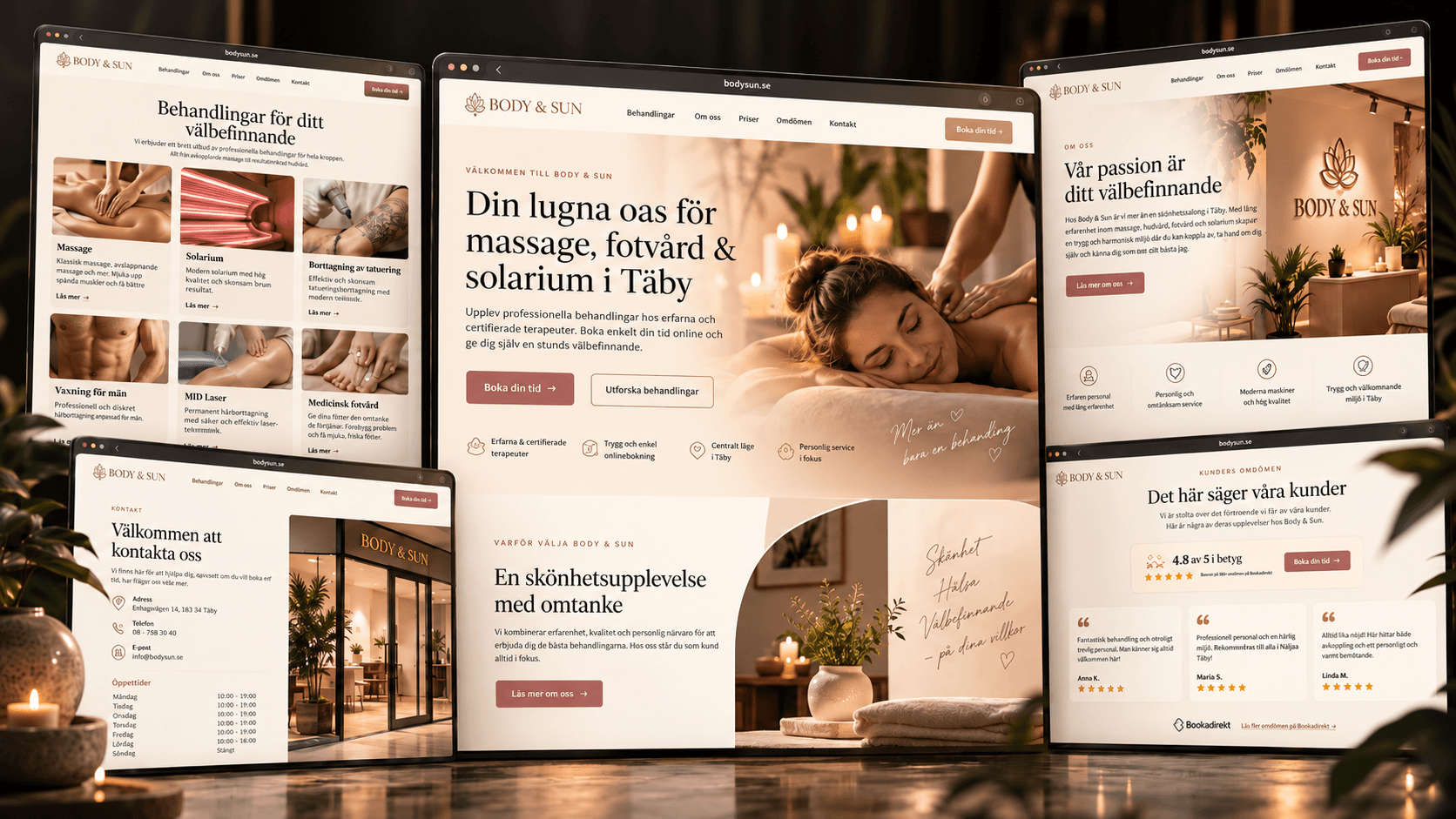 Body & Suns webbplats: startsidan, behandlingar, om oss, kontakt och kundomdömen