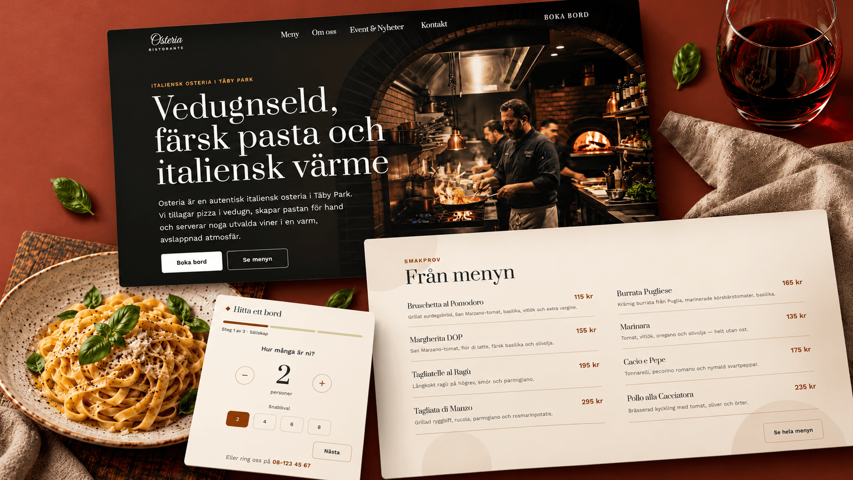 Osterias webbplats: startsidan, menyn och bordsbokningen