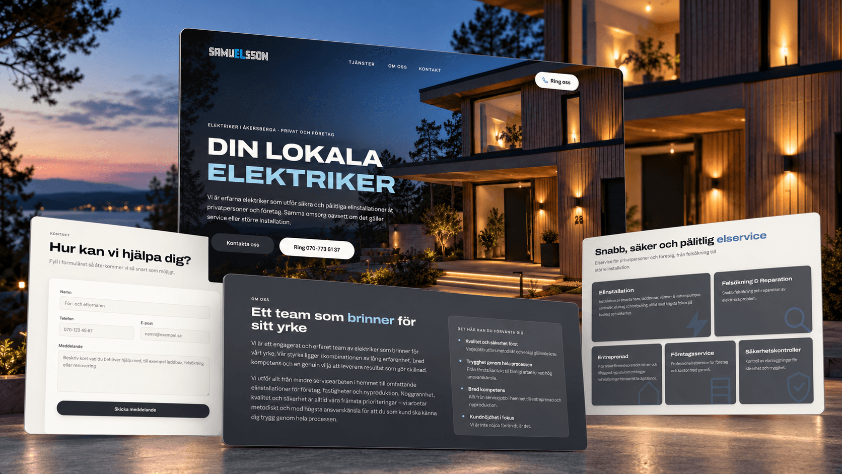 Samuelsson ELs webbplats: startsidan, kontaktformuläret, om oss och tjänsterna